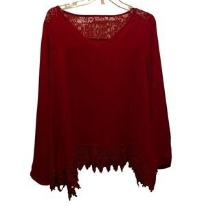 Bright Red Long Sleeve Lightweight Blouse Lace Trimmed Asymmetrical note!VGUC